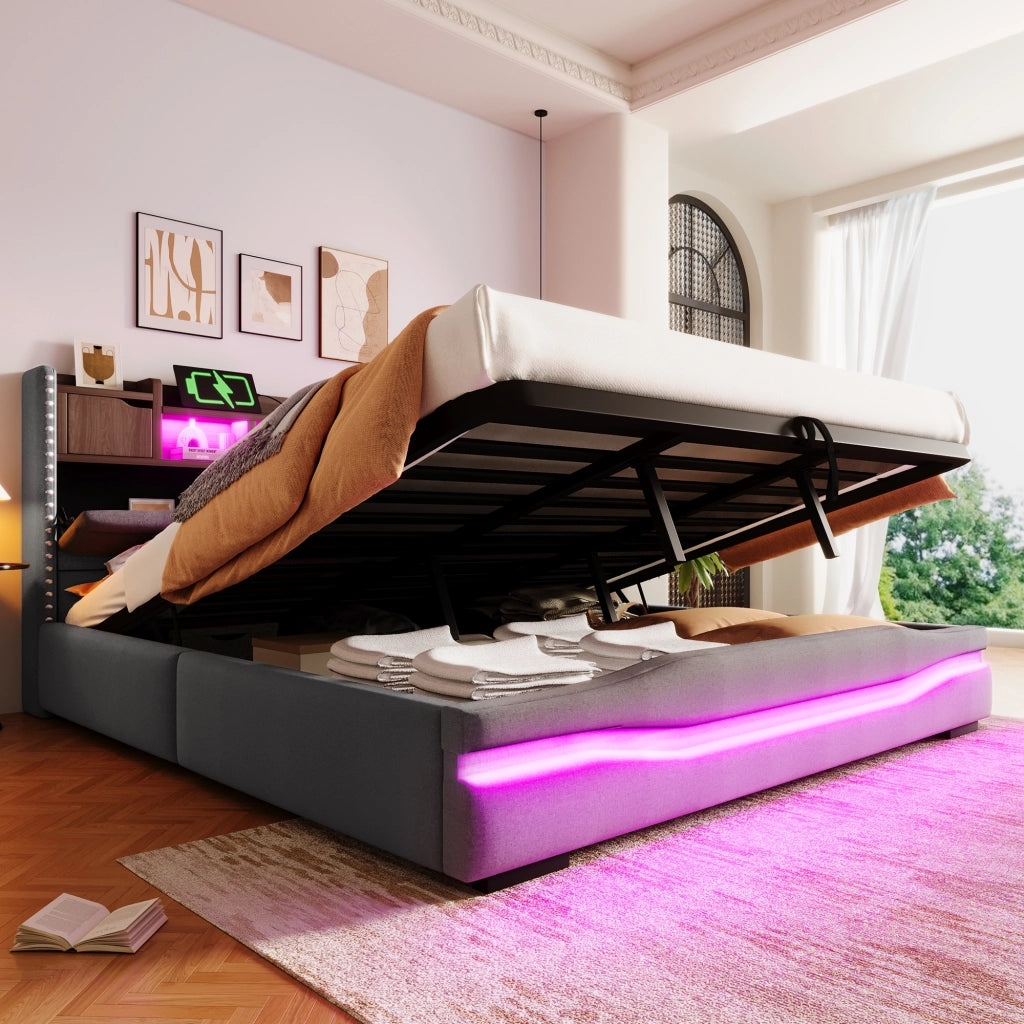 DESMIU Litto contenitore 180 × 200 cm 2 posti con vano idraulico, USB, Type-C e LED, senza materasso, grigio