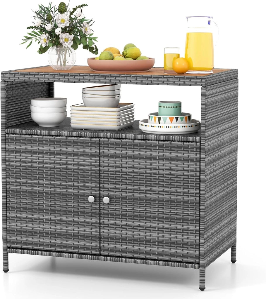 Armadietto da Giardino in Rattan con Piano di Lavoro e Scaffale, Ideale per Esterni, Giardino, Balcone e Piscina, 90 x 53 x 66 cm