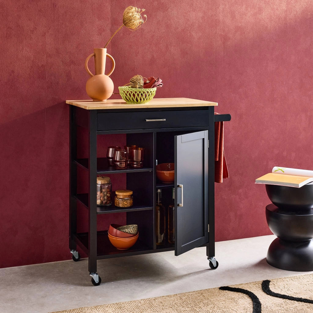 Carrello da cucina in legno di gomma con 5 ripiani, 74cm, nero