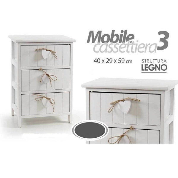 Trade Shop - Cassettiera 3 Cassetti H59x40x29cm Legno Comodino Bianco Cuore Arredamento Casa -