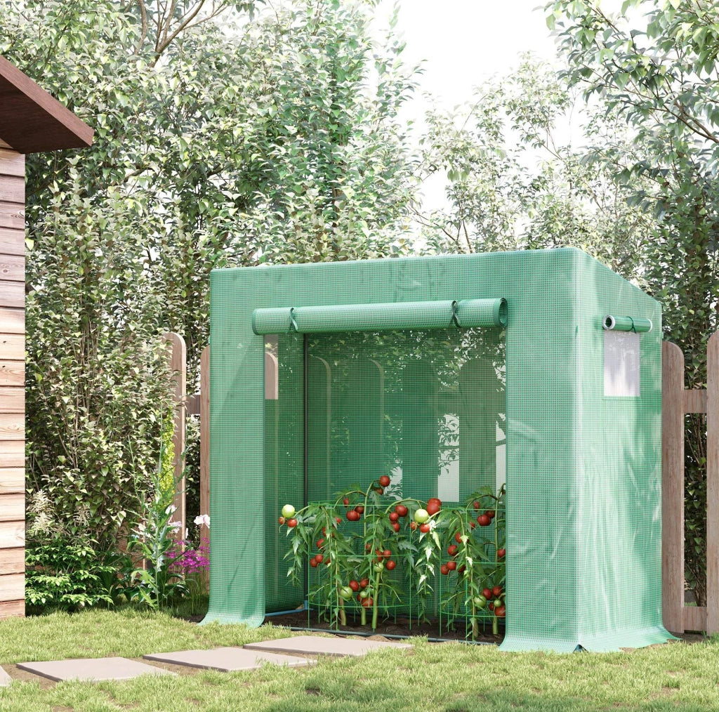 Serra da giardino verde con struttura in acciaio e porta ampia