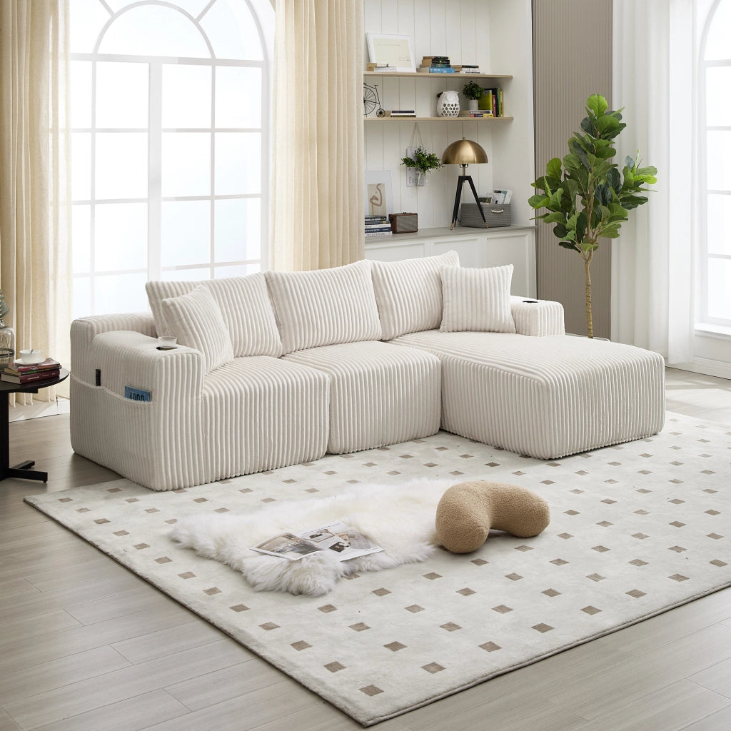 Divano modulare con chaise longue e 2 posti, tasche laterali, portabicchieri e 5 cuscini in corduroy beige
