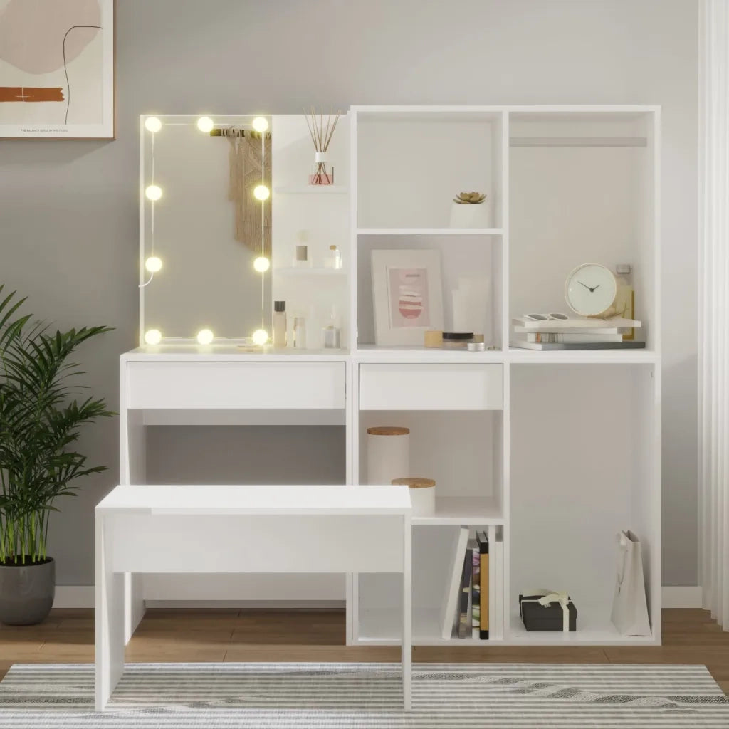 Set Tavolo da Toeletta | Tavolo da Trucco Bianco con LED in Legno Multistrato