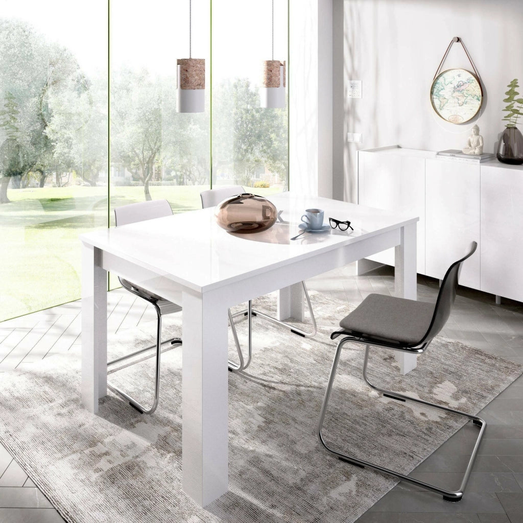Tavolo allungabile Dalice, Tavolo per sala da pranzo allungabile, Tavolo da pranzo estensibile con allunga, cm 140/190x90h78, Bianco lucido