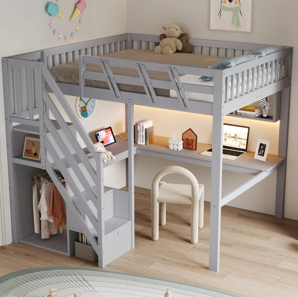 Letto a soppalco 140x200 cm con scrivania; scale contenitore; LED e prese; grigio