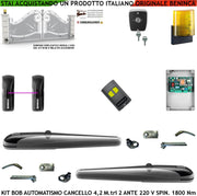 Kit BOB Automatismo Cancello 4,2 Metri 2 Ante Motori Elettromeccanici 230 V Corsa 325 mm Spinta 1800 Nm Sblocco a Chive Radiocomando Coppia Fotocellule Lampeggiatore a Led con Antenna Selettore 2 Ck