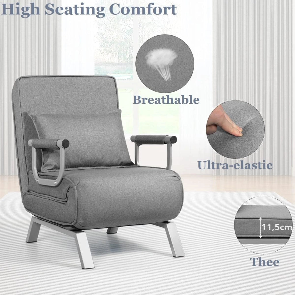 2 in 1 Poltrona Letto Pieghevole, Schienale Regolabile a 5 Livelli, con Braccioli e Cuscinetto, Chaise Longue Soggiorno, Telaio in Metallo, Carico di 150 kg, 59x78,5x83 cm, 5 Colori