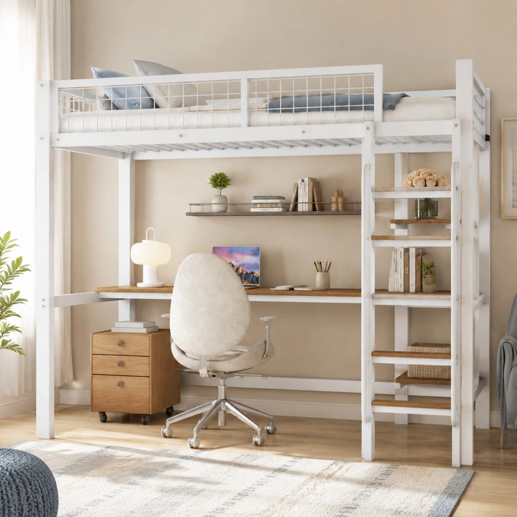 Letto a soppalco 90x200 cm con scrivania e ripiani; metallo e legno; bianco e naturale