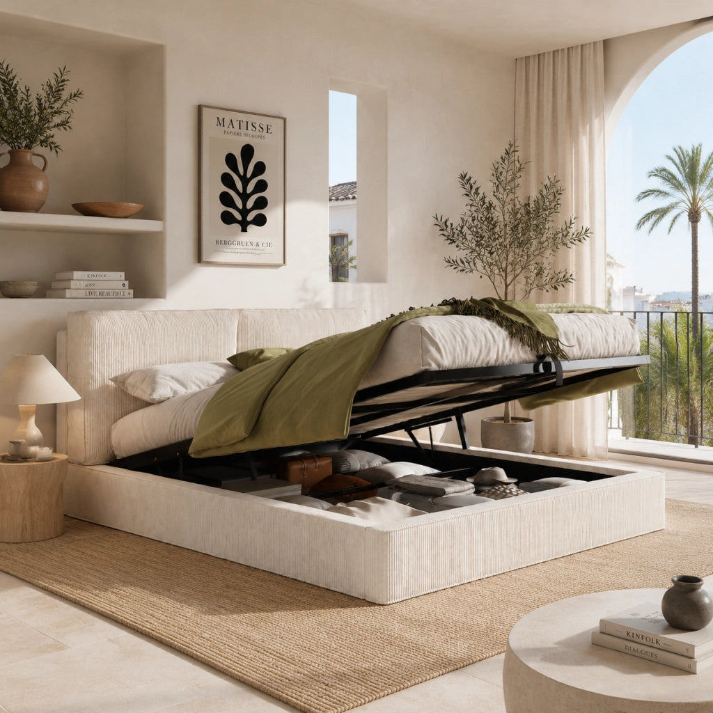 Letto contenitore matrimoniale 180 × 200 cm con sollevamento idraulico, senza materasso, in cord, beige