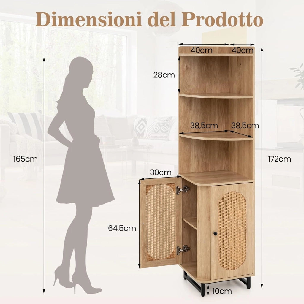Armadietto in Legno ad Angolo Alto 172 cm con 4 Ripiani Aperti, Libreria Angolare con 2 Ante in Rattan PE e Ripiano Regolabile, Scaffale Mensola Salvaspazio per Soggiorno, Bagno e Cucina
