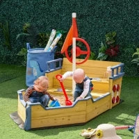 Sabbiera per Bambini in Legno a Forma di Nave dei Pirati con Vano Contenitore, 158x78x45.5 cm