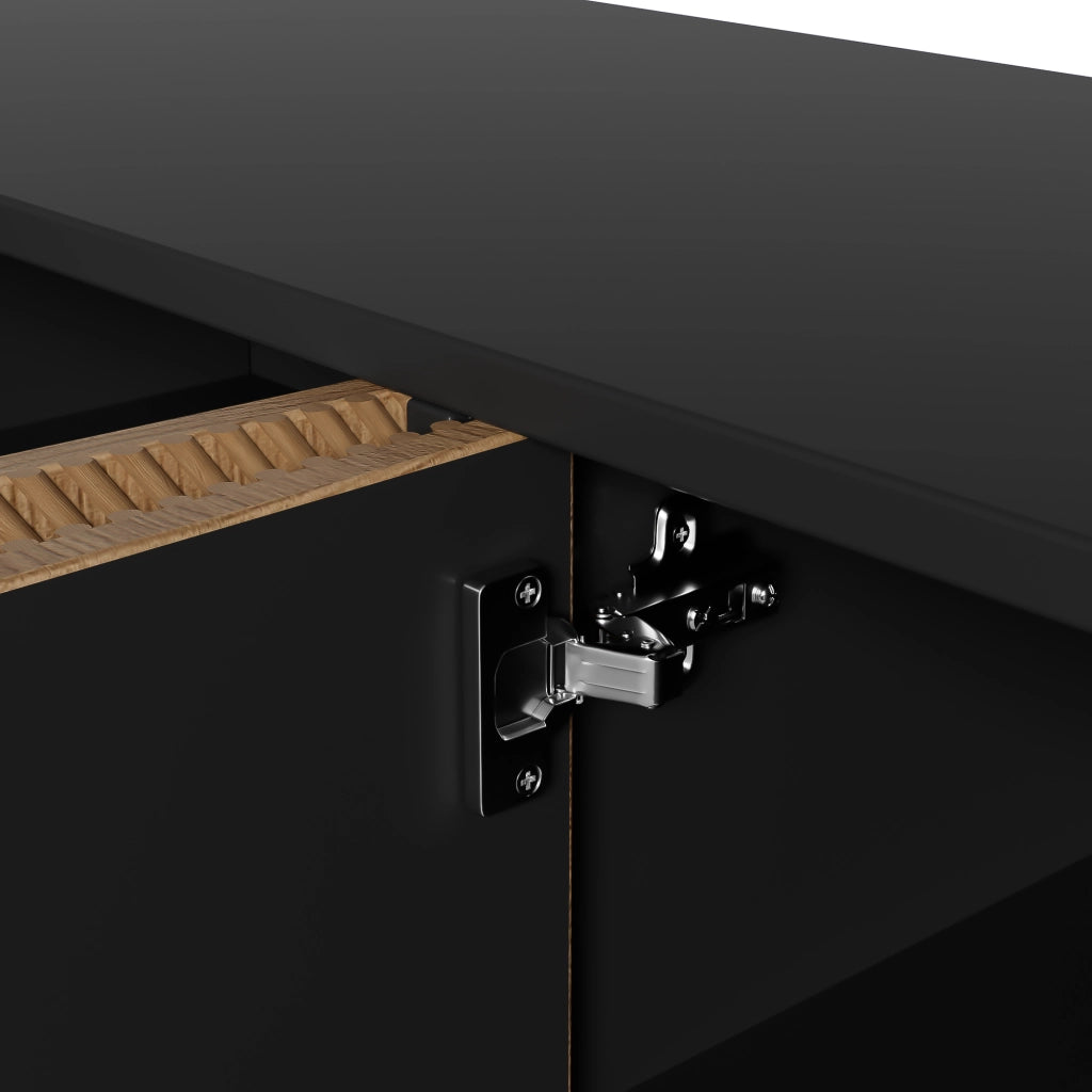 Credenza a quattro ante con maniglie dorate spazzolate e gambe lucide in MDF e pannello truciolare nero e legno 160 × 40 × 75 cm