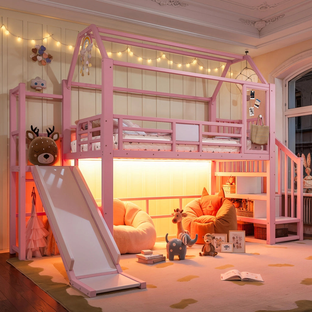 Letto a soppalco per bambini rosa a casetta con scivolo; LED Bluetooth; 90 x 200 cm
