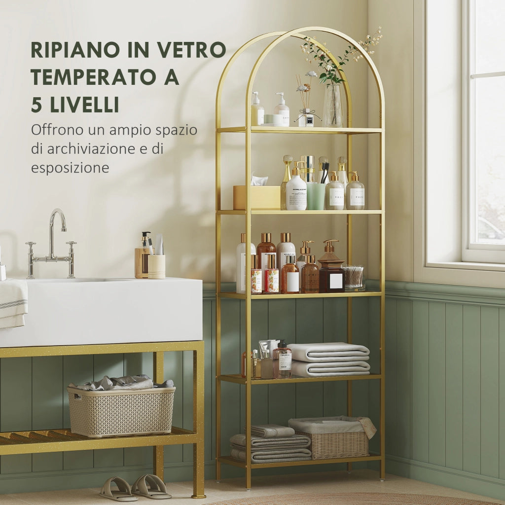 Scaffale 5 Ripiani ad Arco ¨C Xylo ¨C Acciaio e Vetro Temperato Oro 60x30x175 cm