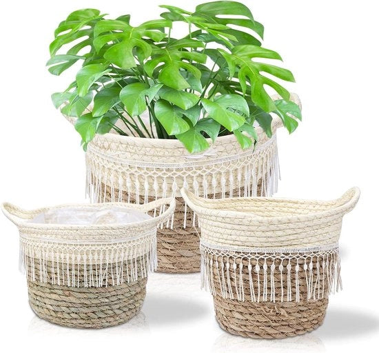 Set di 3 Cesti di Fiori - Cesto intrecciato in Paglia di Mare Vecchio Tessuta a mano con Tassello