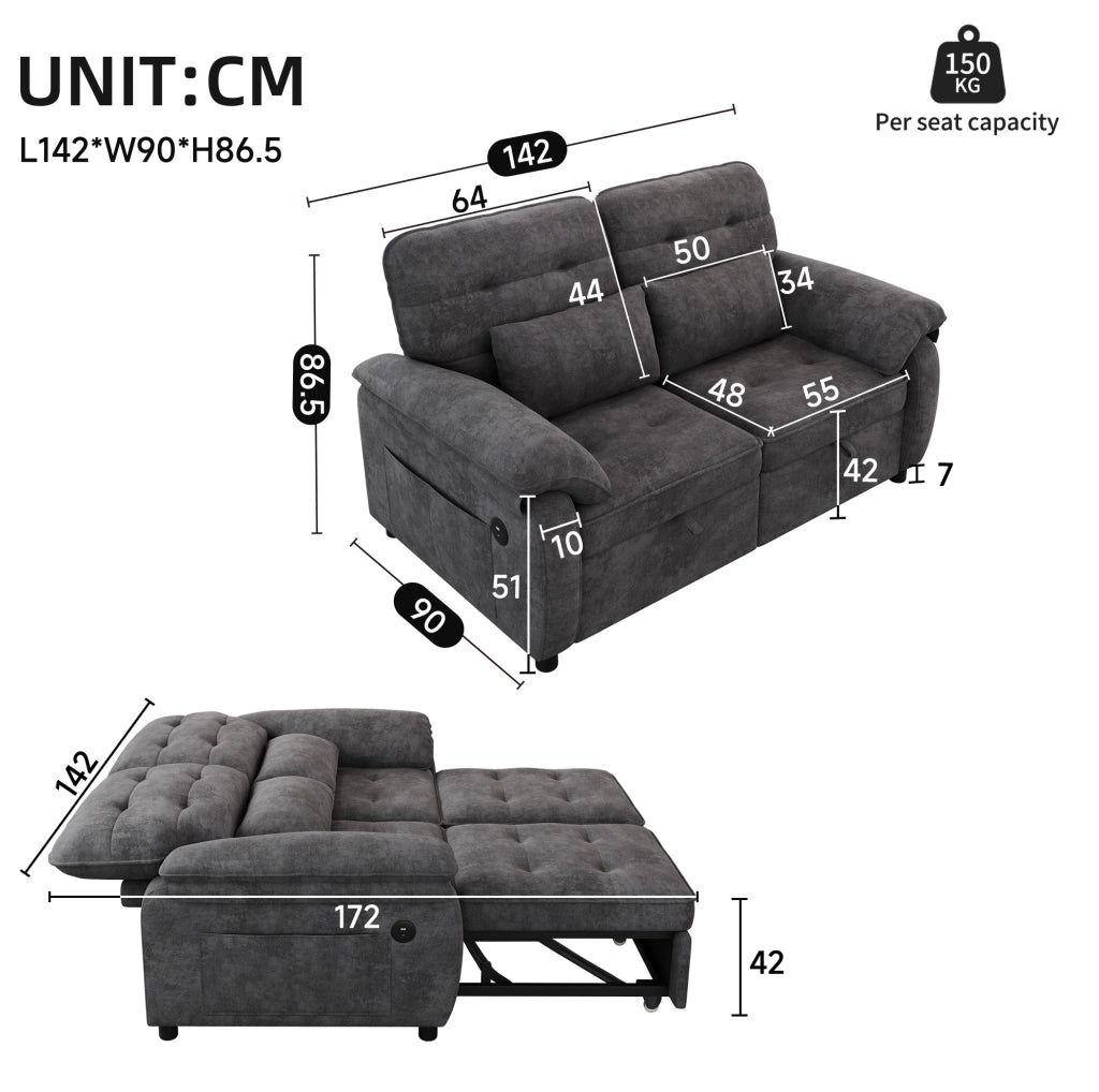 Divano letto 3 in 1 a 2 posti in ciniglia grigia con schienale regolabile; USB e Type-C