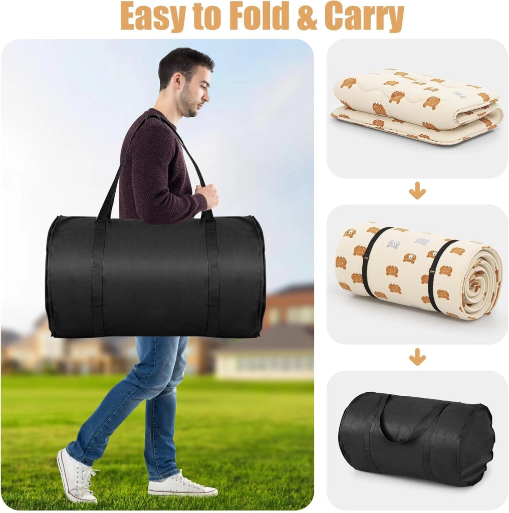 Materasso da pavimento Futon Giapponese, Tappetino Tatami Pieghevole e Portatile, Materasso Pieghevole con Borsa da Trasporto e Fodera Rimovibile (Beige+Orso, 90 x 200 cm)