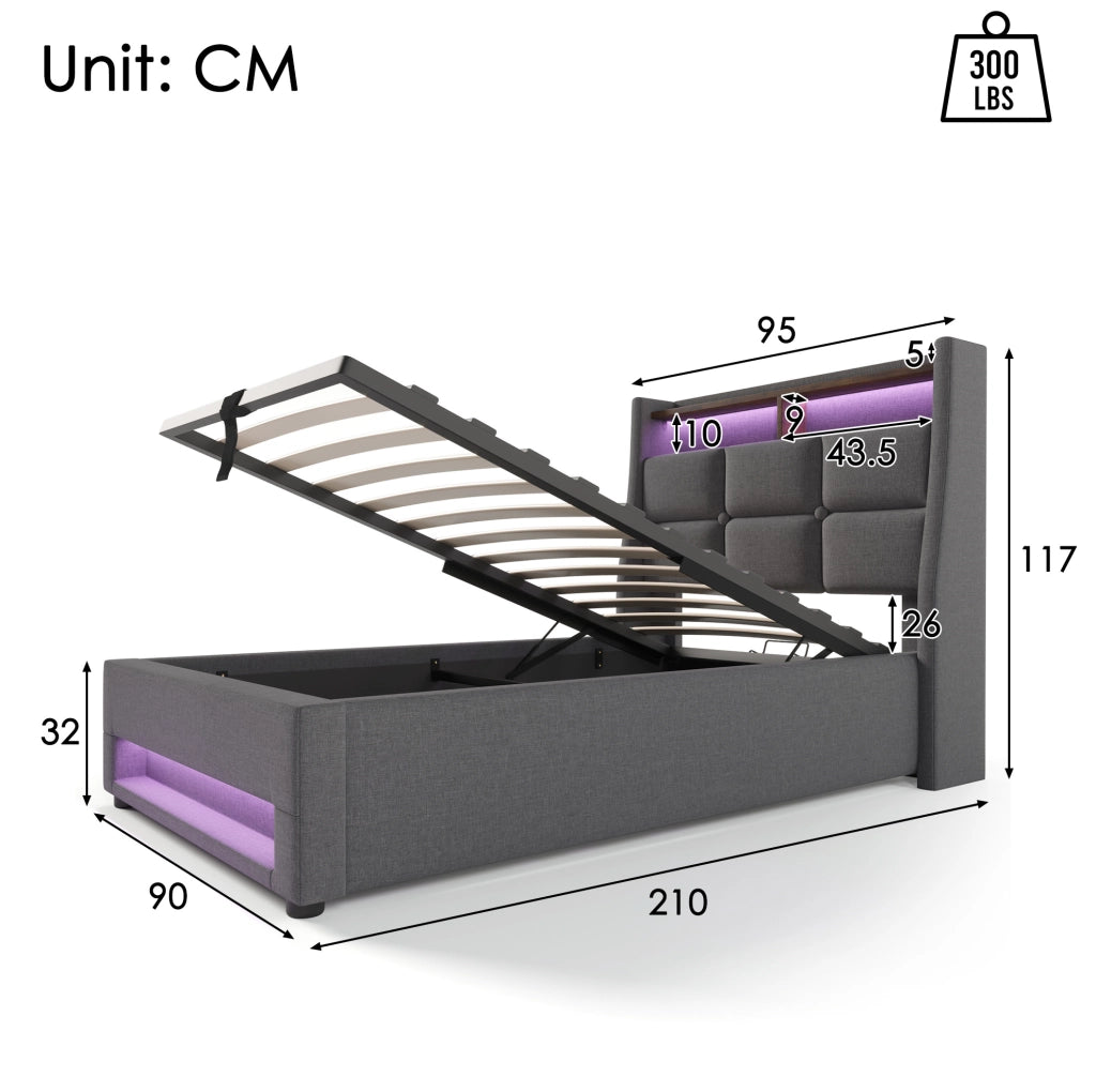 Letto imbottito 90x200 cm con LED e USB; stile vintage; grigio; con materasso