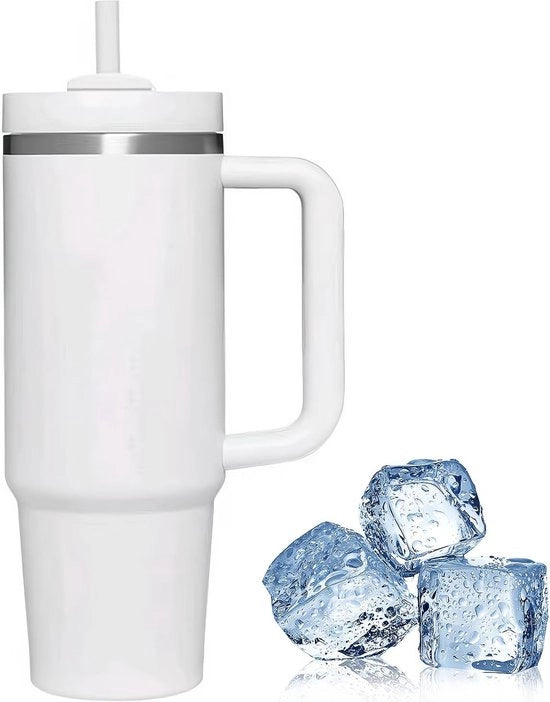 Moka da viaggio in acciaio inossidabile a doppia parete 1200 ml con manico e cannuccia - bianco