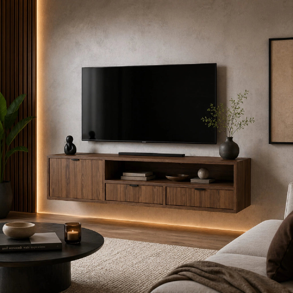 Mobile TV Sospeso Moderno Per Soggiorno Con 1 Anta A Ribalta 2 Cassetti Vano A Giorno Con Passacavo Struttura In Melaminico Design Contemporaneo 150 X 35 X 40 Cm Noce