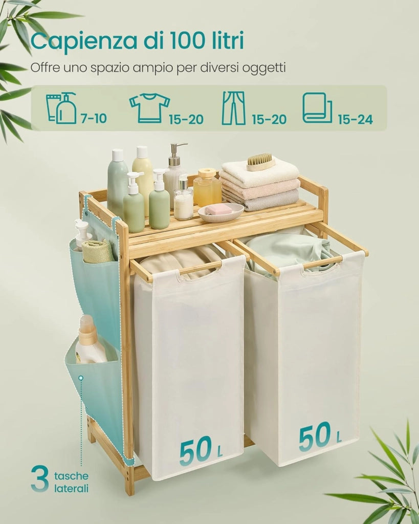SONGMICS Cesto Portabiancheria a 2 Scomparti, Cesto Biancheria Sporca in Bambù 100 L, Porta Biancheria con Piano, Tasche Laterali, 2 x 50 L, 63 x 33 x 78 cm cm, Bianco Crema RLH100W01
