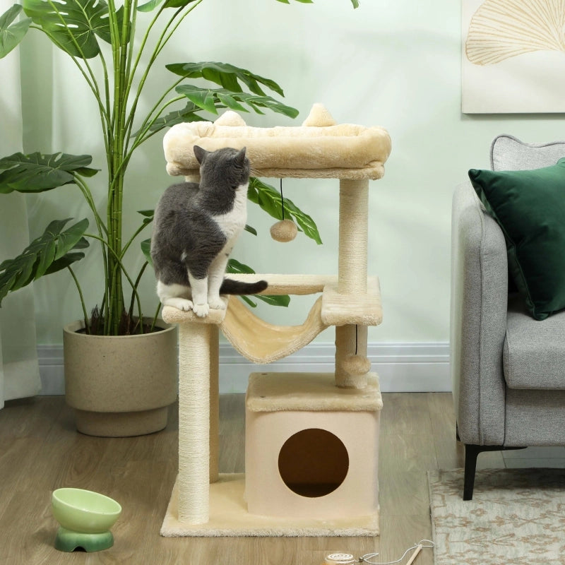 Tiragraffi per gatti multi-livello con amaca, cuccia e gioco a pallina, 48 x 48 x 90 cm, bianco crema