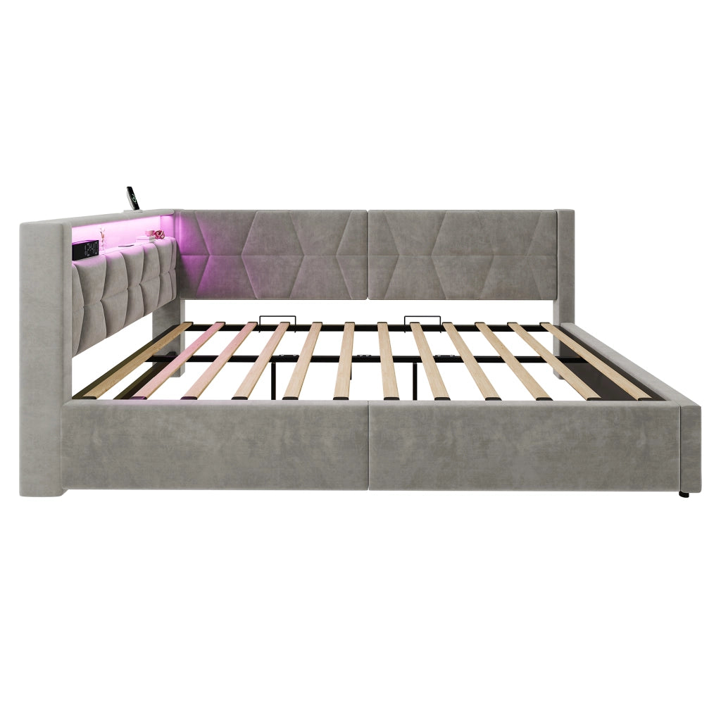 Letto Contenitore 140 x 200 cm; Letto Matrimoniale - USB e LED - Velluto - Grigio Scuro