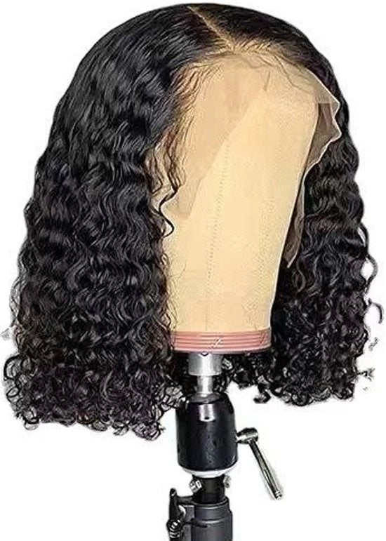 Pruik a Krulle con Fronte a Maglia per Donne con Capelli Neri 13x4 con Fronte a Maglia, Capelli Rreali, Bob con Capelli Corti e Krulle con Linea Naturale dei Capelli 10 Pollici