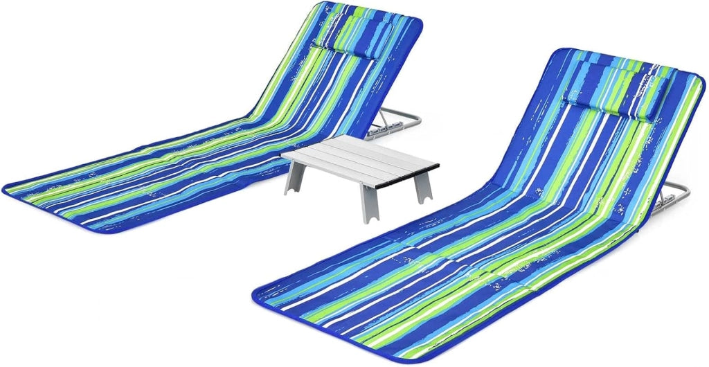 Set 2 Sdraio da Spiaggia con Tavolino, Tappettino Spiaggia Pieghevole con Schienale Reclinabile, Poggiatesta e Tasca Posteriore, Portatile con Manico, per Giardino e Campeggio (Blu + verde)