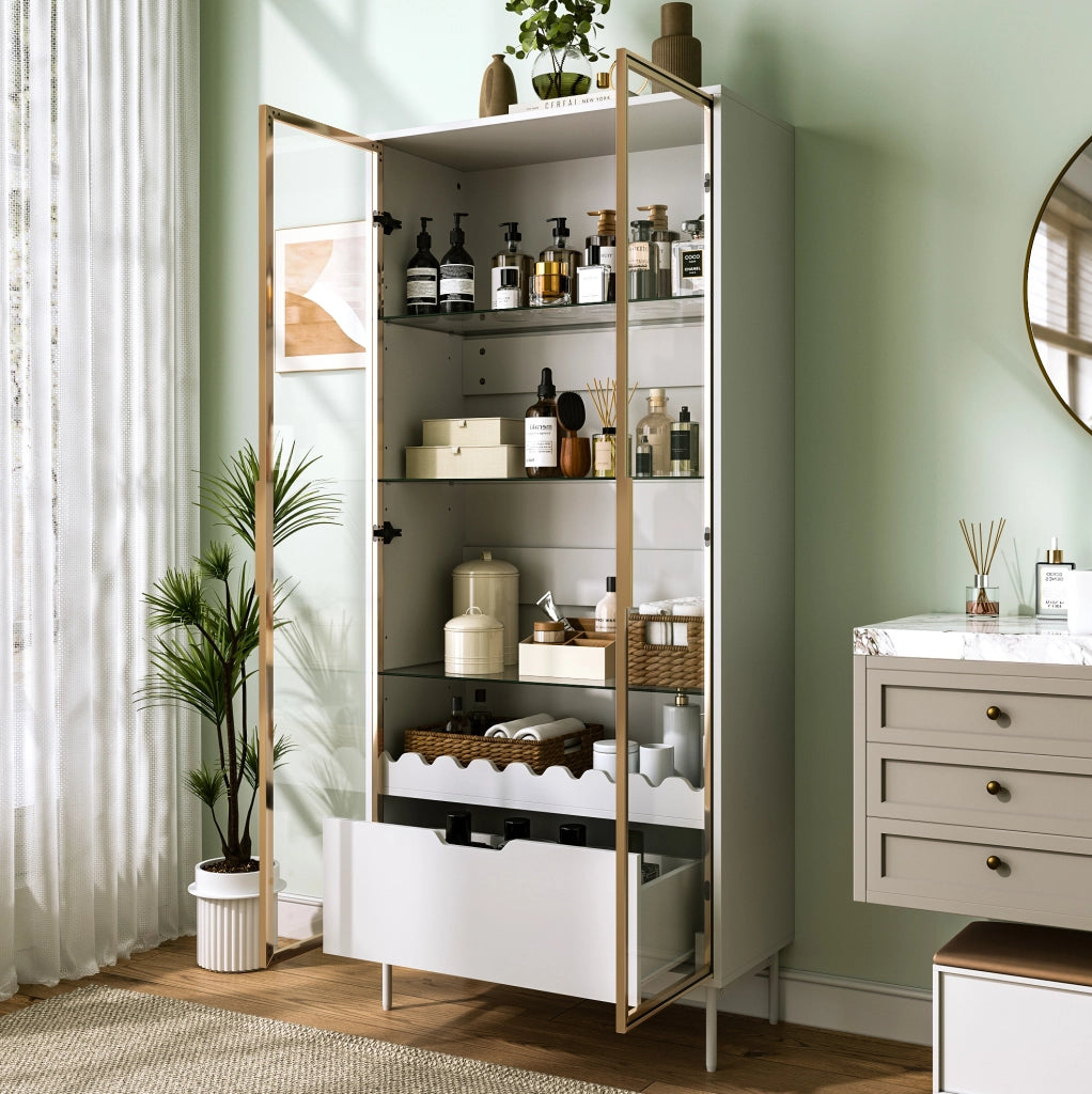 ARMADIO ALTO con ripiani regolabili, cassetto, Gold e White, MDF