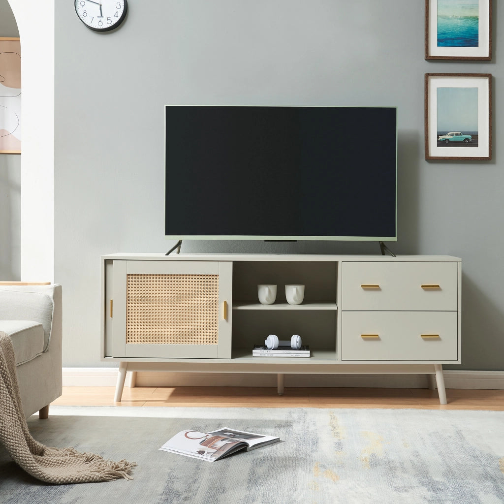 Mobile Porta TV Susa con Cassetti e Ante Scorrevoli in Polyrattan 160x40x65 cm Beige [en.casa]