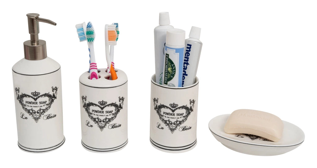 Biscottini Set bagno "Powder Soap" 4 pezzi in porcellana bianca decorata fine composto