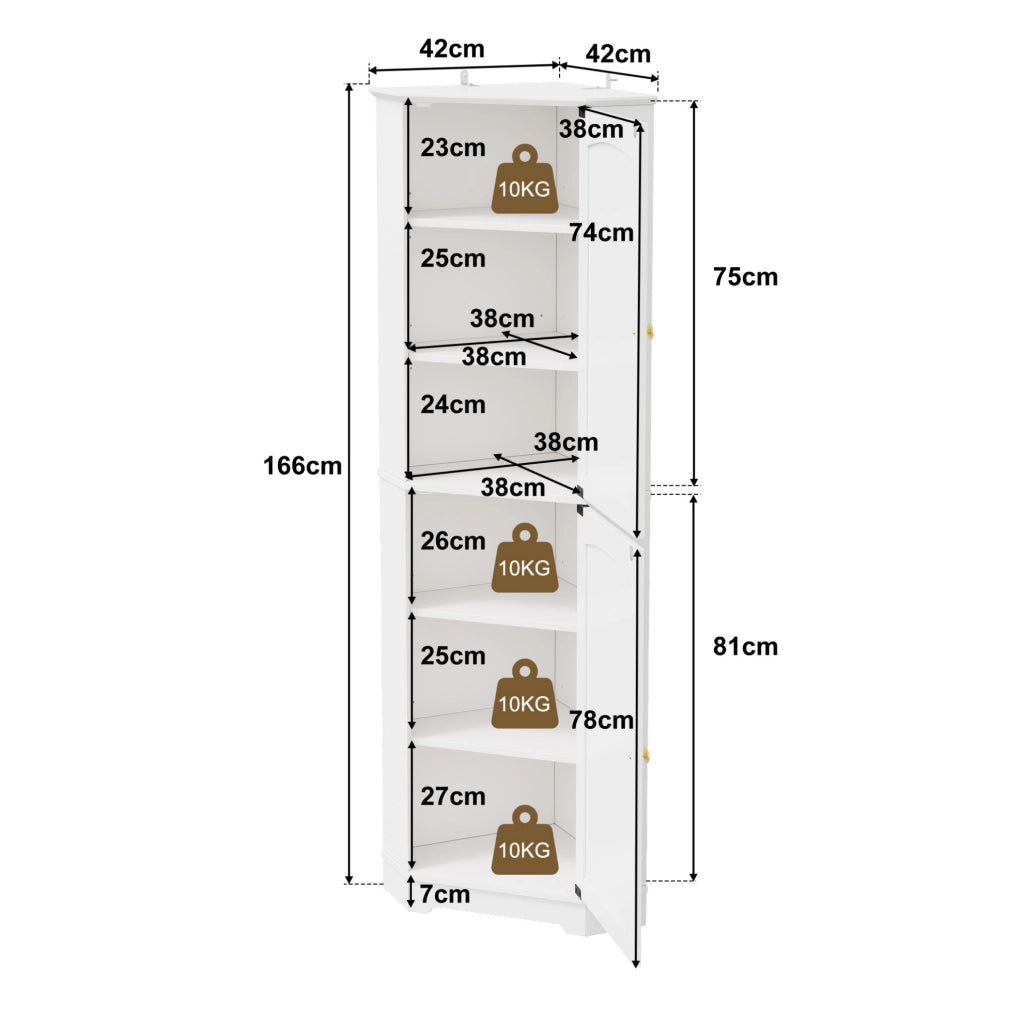 Mobile angolare con 2 ante e ripiani regolabili; 42 x 42 x 166 cm; bianco in MDF