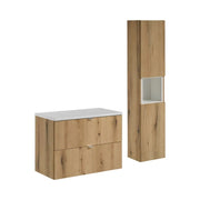Set da bagno VANO effetto quercia e bianco 110cm: mobili sotto lavabo con cassetti + piano per lavabo + colonna