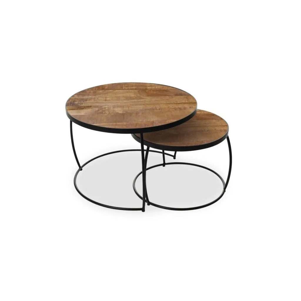 Set di 2 tavolini nido rotondi LARSON – Legno esotico e metallo nero – Stile industriale