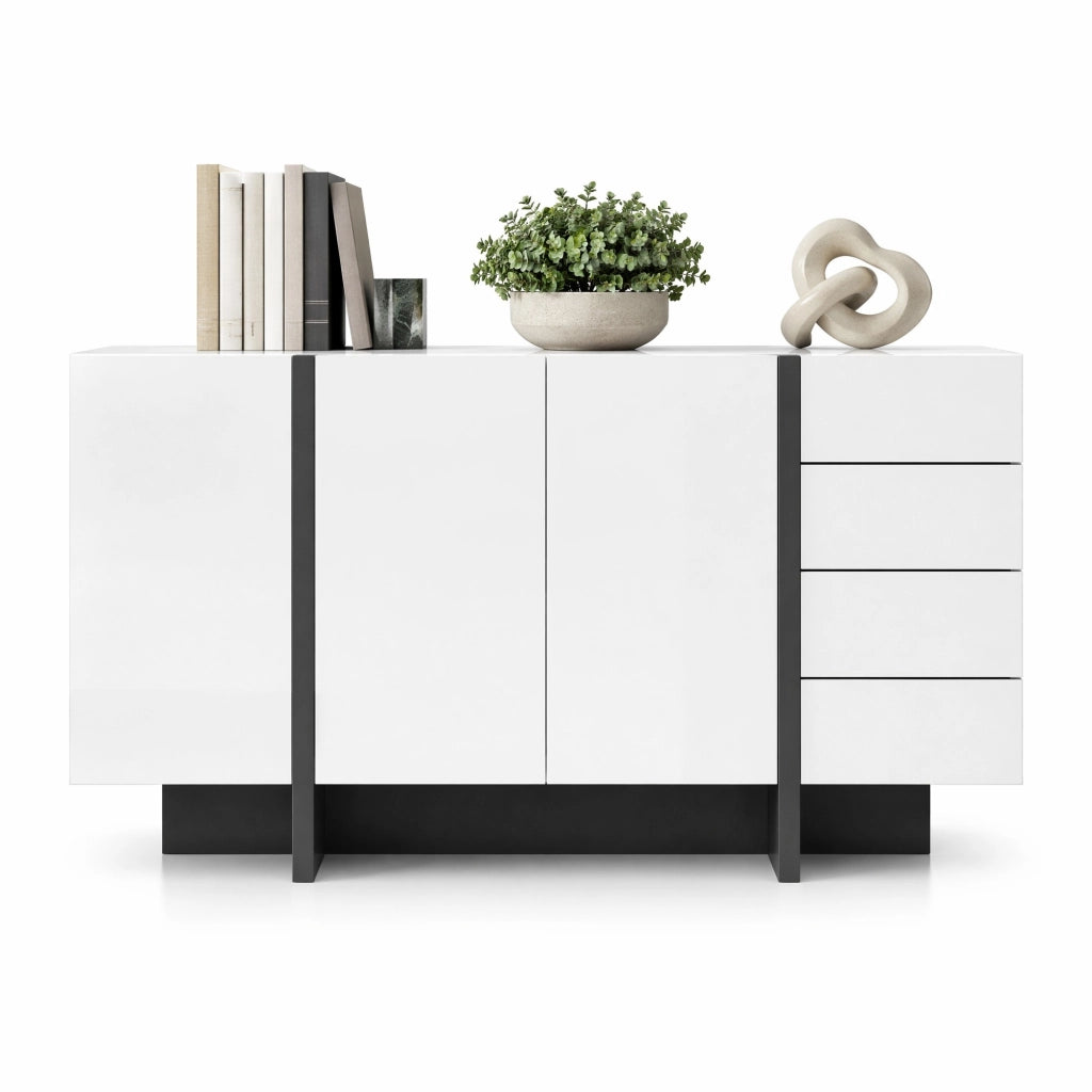 Credenza moderna bianca lucida e nera 150 cm con 2 ante e 4 cassetti
