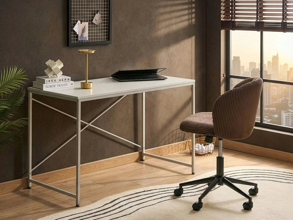 Scrivania con piano in MDF bianco, gambe e struttura in ferro verniciato a polvere, per ufficio domestico, stile industriale moderno