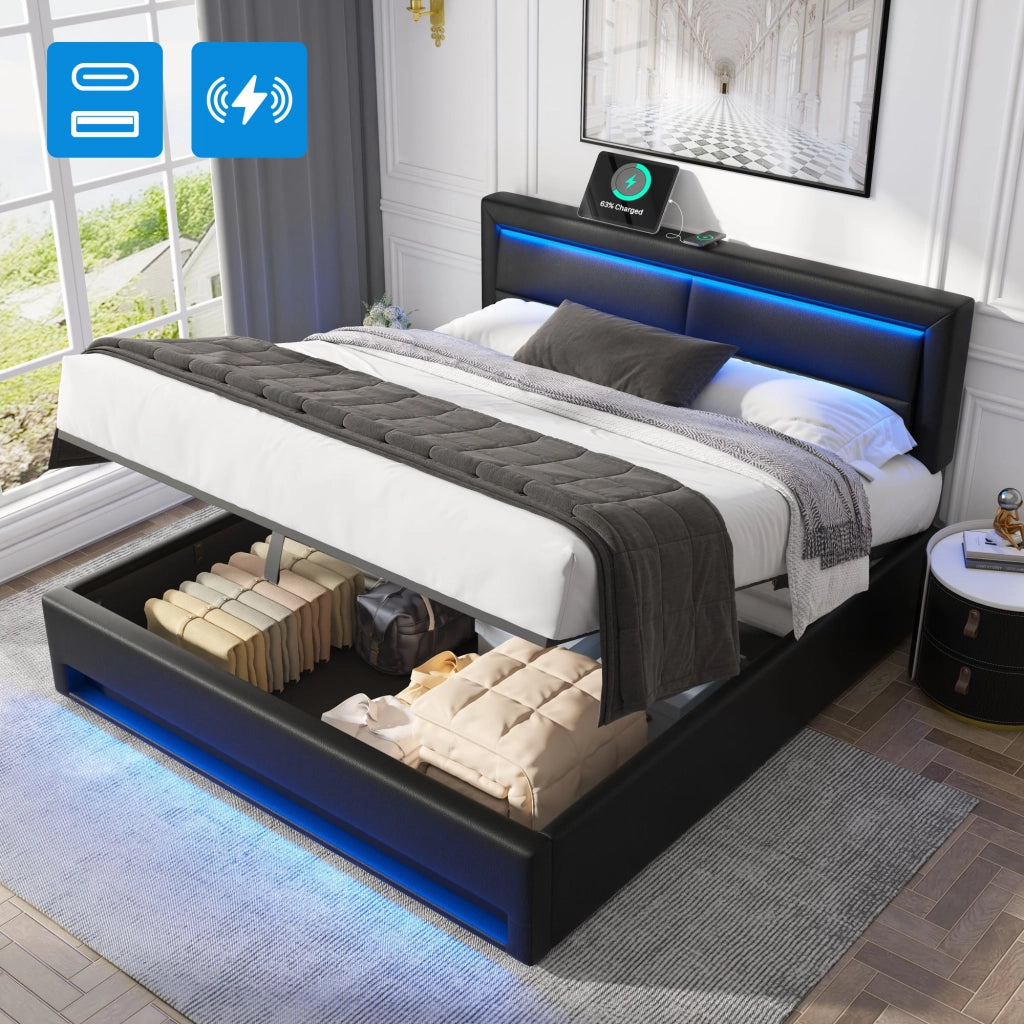 Letto imbottito 160x200 cm con USB, illuminazione LED e contenitore, nero, senza materasso