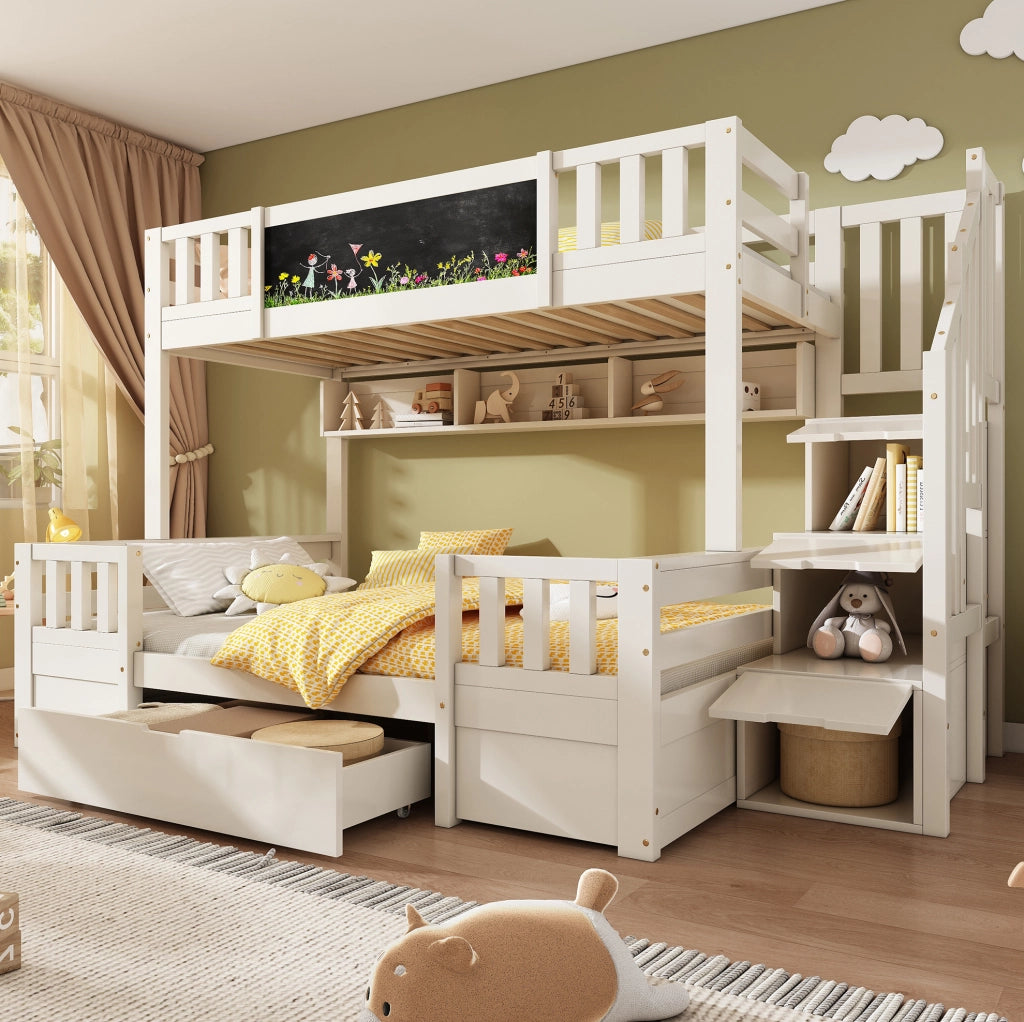 Letto a castello con lavagna; armadio-scala e cassetti; per materassi 90/140 x 200 cm; legno e metallo; bianco