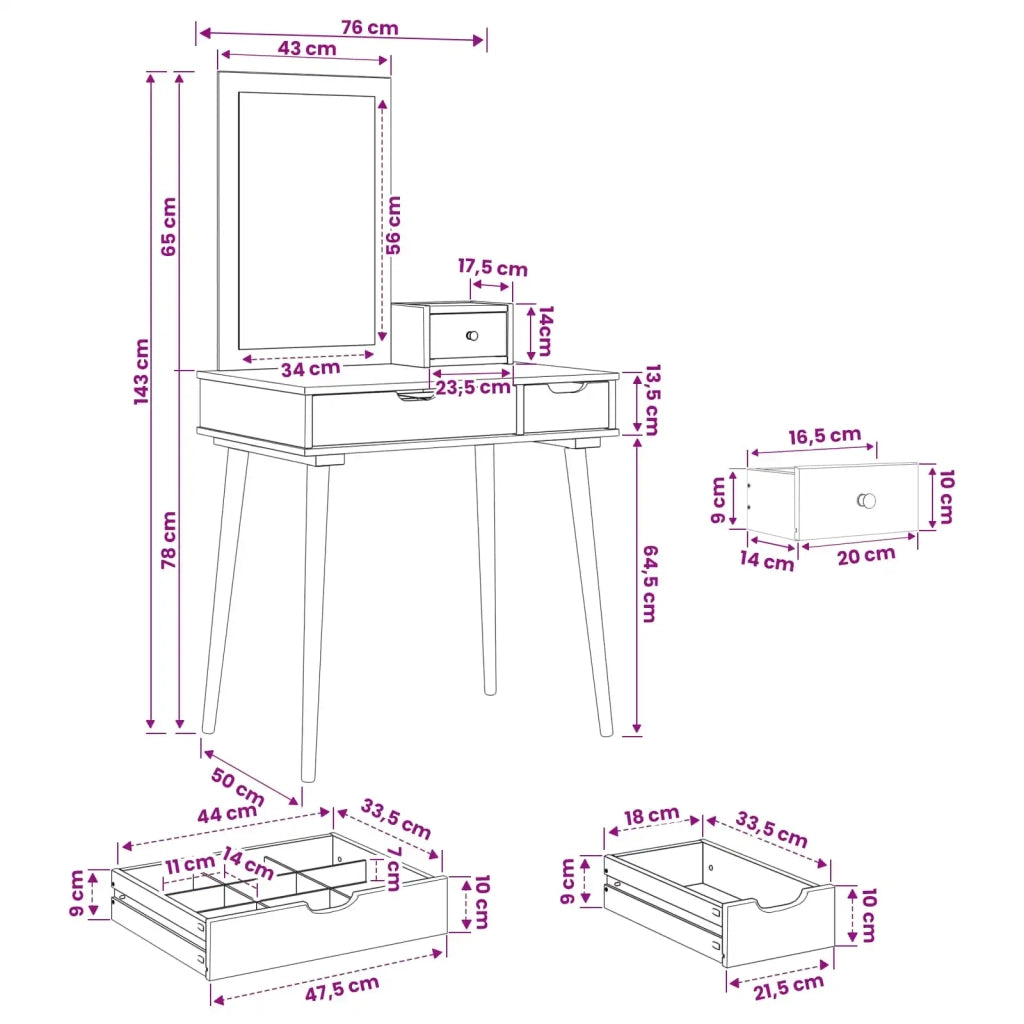 Set Tavolo da Trucco FAUSKE 3 pcs Bianco 76 x 50 x 143 cm 3438577