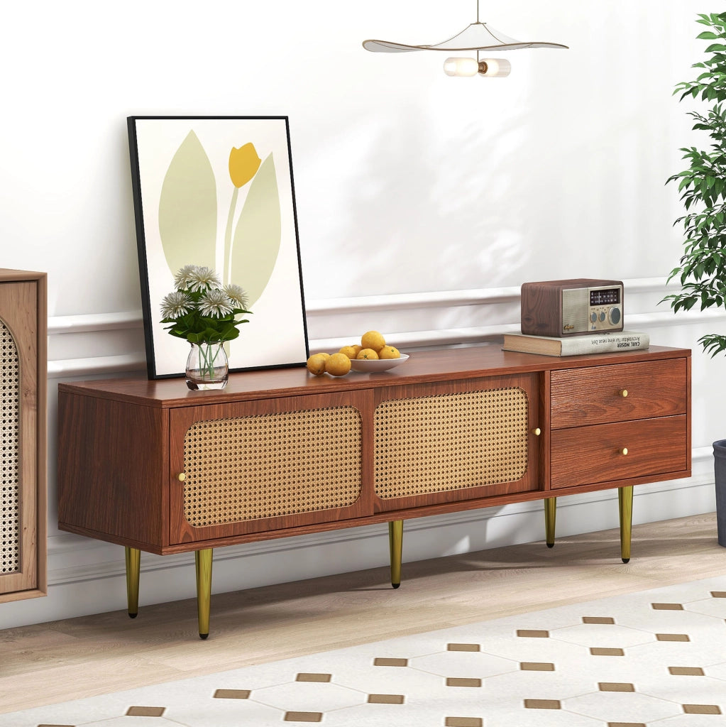 Mobile TV 160x40x60 cm con ante scorrevoli e 2 cassetti in MDF e rattan sintetico noce e caffè