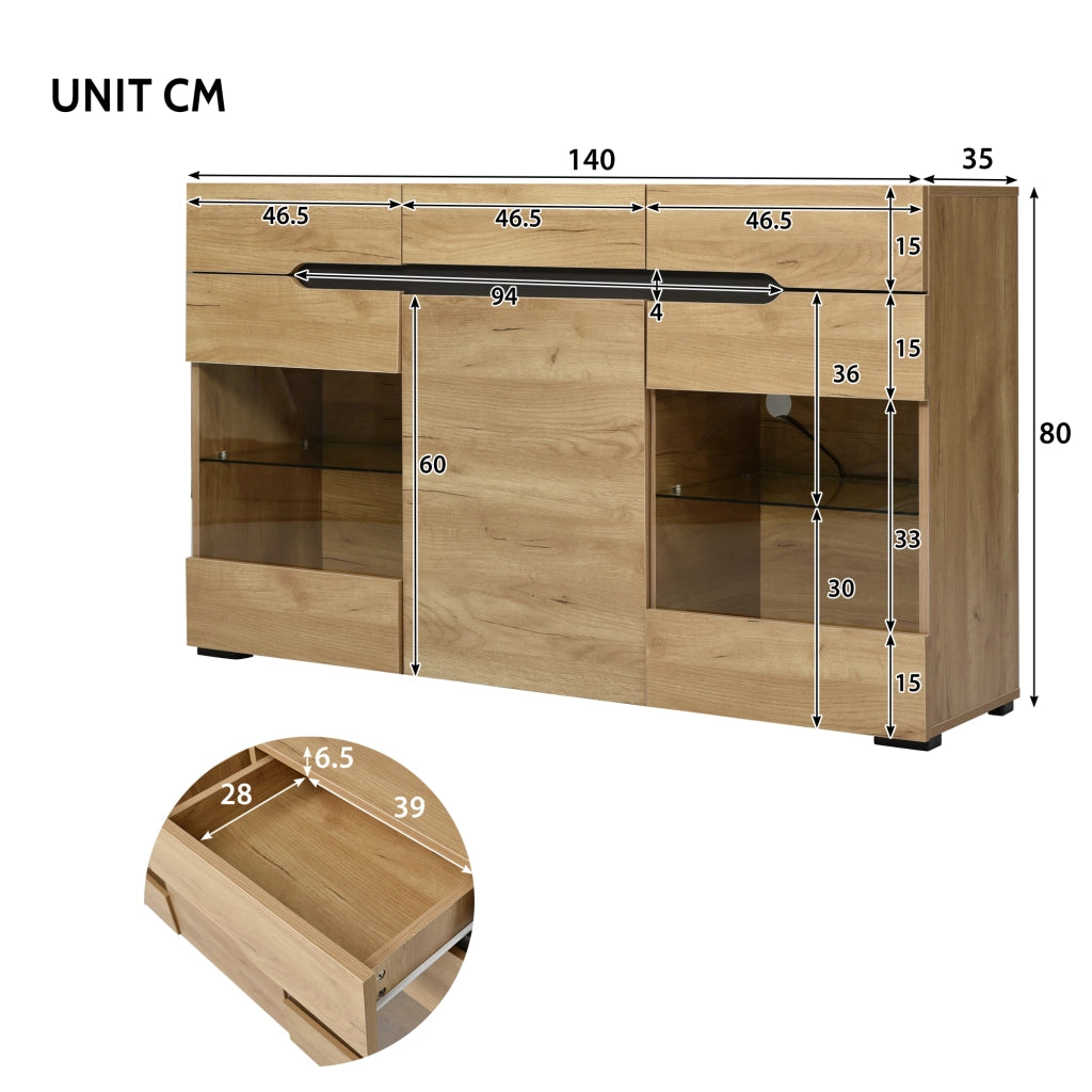 Credenza con 3 Ante e 3 Cassetti e LED; Frontale Lucido; Stile Moderno; Soggiorno; in Pannello Truciolare; 140??35??80 cm; Rovere