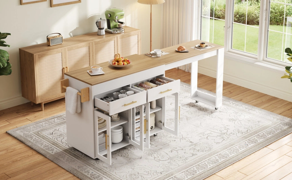 Isola da cucina mobile con piano estraibile, spazio contenitivo, ante in vetro e ruote, bianco, 132,5-217 x 50 x 93 cm