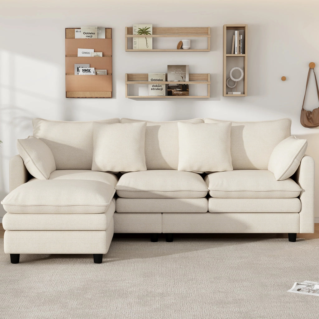 Divano angolare 3 posti - con chaise longue mobile e 4 cuscini - in chenille beige