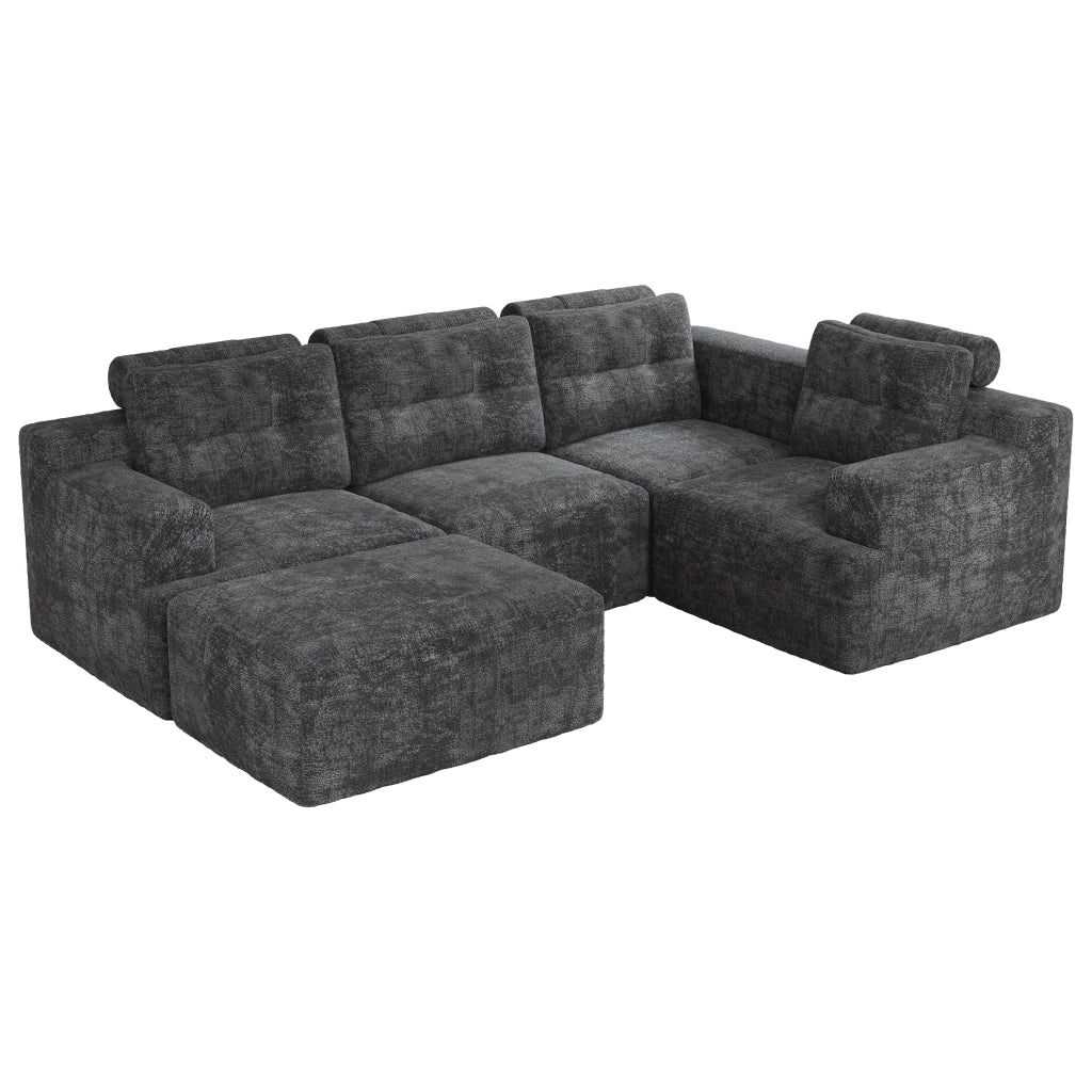 Divano modulare a U in chenille grigio, 5-6 posti, senza montaggio, con pouf