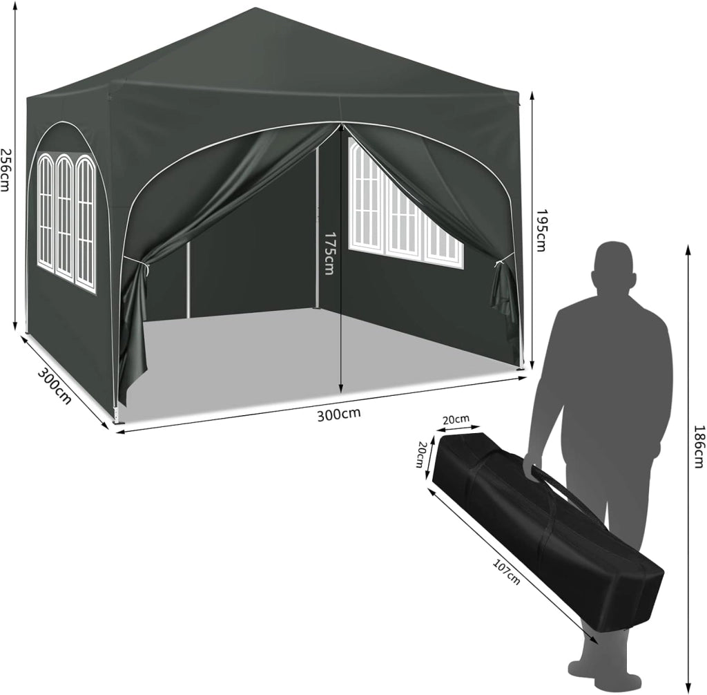 Gazebo Pieghevole da Giardino, Gazebo Idrorepellente Pop Up da 3x3m Pannelli Laterali, Tendone Esterno, Altezza Regolabile, Protezione UV, con Custodia Grigio