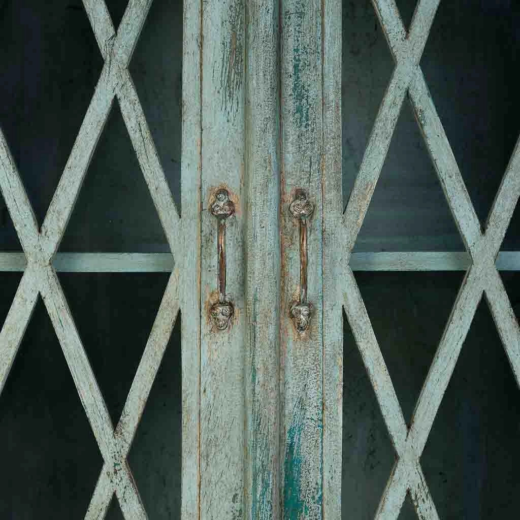 Credenza in legno e vetro con 2 ante, blu 90x40x100h cm