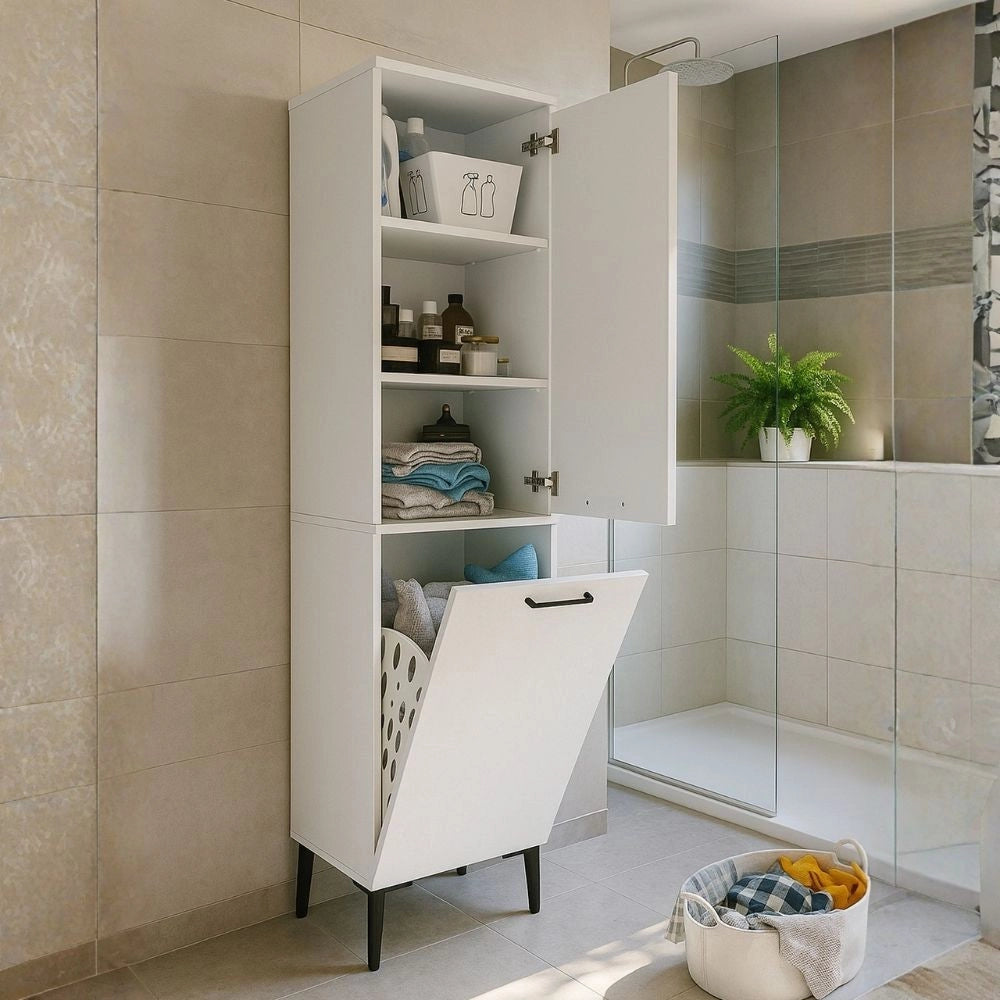 Mobile Multiuso Singa Bianco con Cesto Porta Biancheria e Ripiani – 180 cm