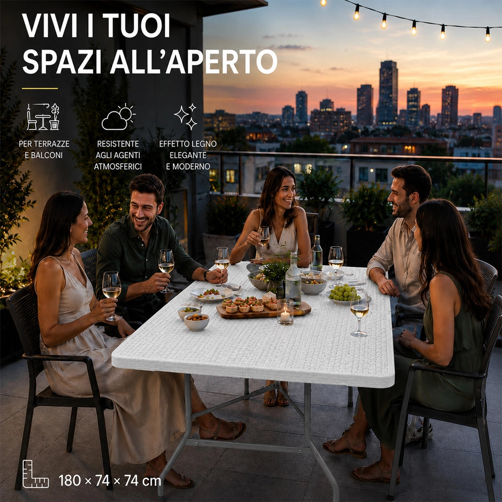 Tavolo Pieghevole Bianco Polyrattan Resistente Tavolino da Esterno 180x74x74cm