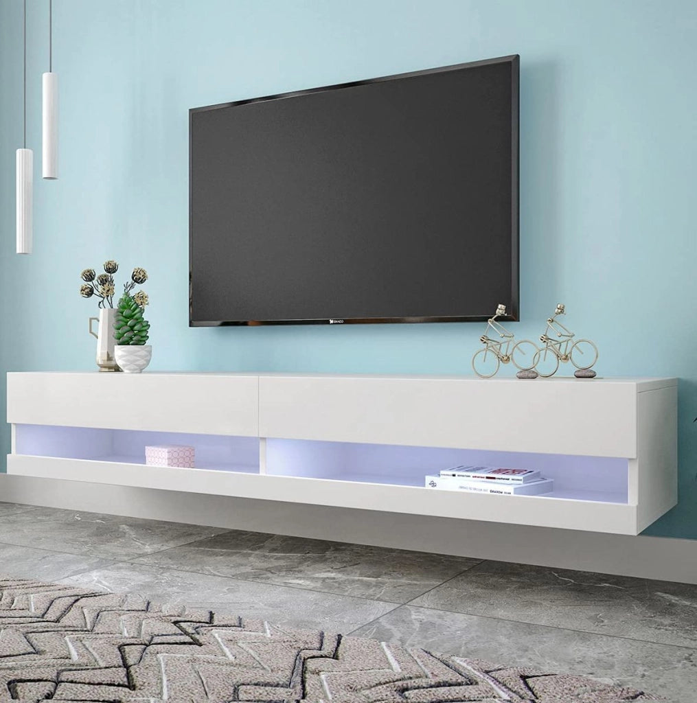 Mobile TV sospeso con LED controllabili via app; MDF; bianco